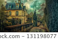 Charming rustic cottages line a serene street in a picturesque village 131198077