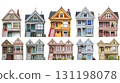 Row of colorful Victorian houses with intricate architectural details along a street 131198078