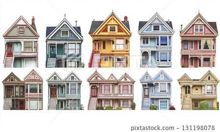 Row of colorful Victorian houses with intricate architectural details along a street 131198078