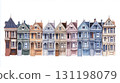 Row of colorful Victorian houses with intricate architectural details along a street 131198079