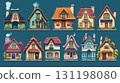 Charming collection of whimsical houses with unique designs set against a vivid blue background 131198080