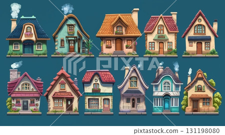 Charming collection of whimsical houses with unique designs set against a vivid blue background 131198080