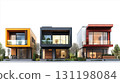 Modern residential building design with multiple balconies and large windows 131198084