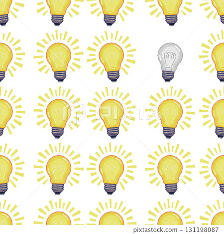 Pixel art seamless pattern. Glowing yellow light bulbs, idea concept. One gray bulb is off, symbolizing exception or lack of energy. Teamwork and innovation. Pixel art seamless pattern. Glowing yellow light bulbs, idea concept. One gray bulb is off, symbolizing exception or lack of energy. Teamwork and innovation. 131198087