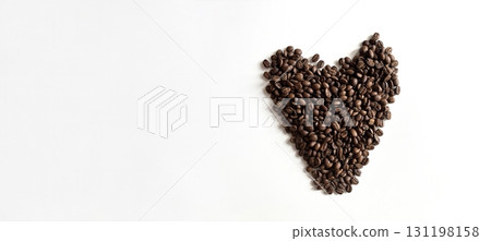 Heart made of coffee beans on white background, top view. Banner template with empty space for text. Romantic coffee background for cafe, advertising, poster, social media Heart made of coffee beans on white background, top view. Banner template with empty space for text. Romantic coffee background for cafe, advertising, poster, social media 131198158
