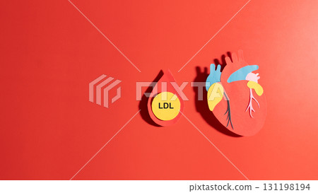 High LDL cholesterol increases the risk of cardiovascular disease. LDL cholesterol particle inside a blood droplet and heart anatomy made from paper on red background. Atherosclerosis concept. 131198194