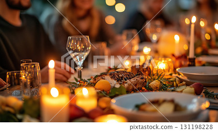 Join us for a delightful festive dinner celebration filled with warm candlelight ambiance to enjoy 131198228