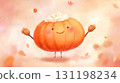 Happy pumpkin with blushing cheeks holding pumpkin pie, whipped cream smile, cinnamon stick 131198234