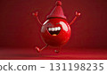Happy cranberry with arms and legs jumping joyfully, wearing berry hat, big smile, cranberry red background 131198235