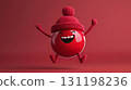 Happy cranberry with arms and legs jumping joyfully, wearing berry hat, big smile, cranberry red background 131198236