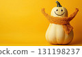 Happy butternut squash with arms raised joyfully, wearing tiny scarf, big smile 131198237