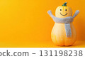 Happy butternut squash with arms raised joyfully, wearing tiny scarf, big smile 131198238