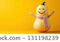 Happy butternut squash with arms raised joyfully, wearing tiny scarf, big smile 131198239