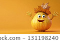 Happy acorn squash waving happily, wearing leaf hat, big friendly eyes 131198240