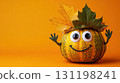 Happy acorn squash waving happily, wearing leaf hat, big friendly eyes 131198241