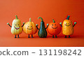 Group of smiling vegetables holding hands - pumpkin, corn, squash all happy together, terracotta background 131198242