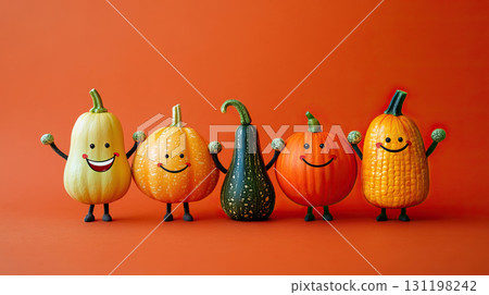 Group of smiling vegetables holding hands - pumpkin, corn, squash all happy together, terracotta background Group of smiling vegetables holding hands - pumpkin, corn, squash all happy together, terracotta background 131198242