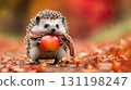 Cute hedgehog carrying apple on back, wearing tiny scarf, looking determined, autumn leaves path 131198247