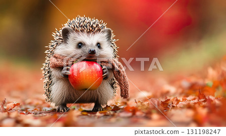 Cute hedgehog carrying apple on back, wearing tiny scarf, looking determined, autumn leaves path 131198247