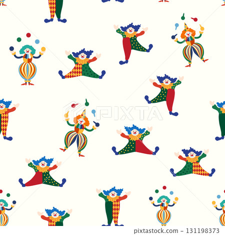 Seamless pattern with a CIRCUS theme. Circus clown character. Flat cartoon style. 131198373