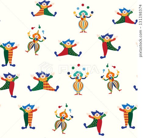 Seamless pattern with a CIRCUS theme. Circus clown character. Flat cartoon style. Seamless pattern with a CIRCUS theme. Circus clown character. Flat cartoon style. 131198374
