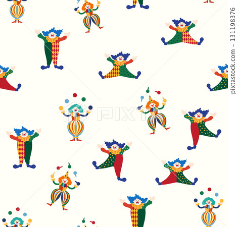 Seamless pattern with a CIRCUS theme. Circus clown character. Flat cartoon style. Seamless pattern with a CIRCUS theme. Circus clown character. Flat cartoon style. 131198376