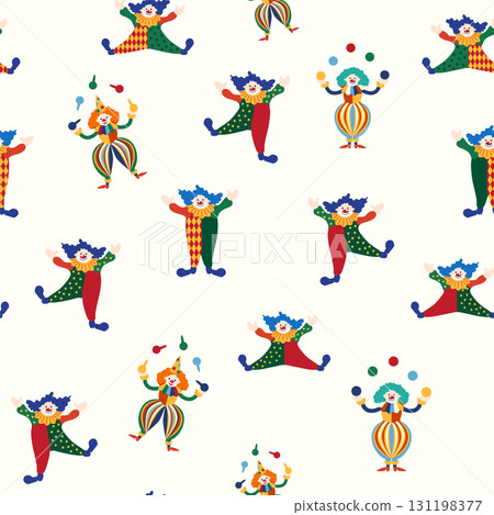 Seamless pattern with a CIRCUS theme. Circus clown character. Flat cartoon style. Seamless pattern with a CIRCUS theme. Circus clown character. Flat cartoon style. 131198377