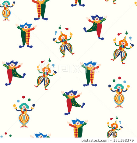 Seamless pattern with a CIRCUS theme. Circus clown character. Flat cartoon style. 131198379