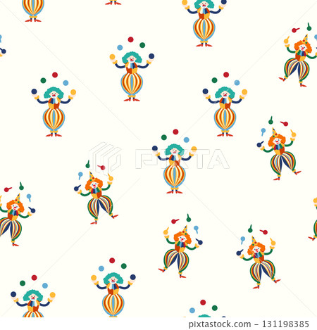 Seamless pattern with a CIRCUS theme. Circus clown character. Flat cartoon style. Seamless pattern with a CIRCUS theme. Circus clown character. Flat cartoon style. 131198385