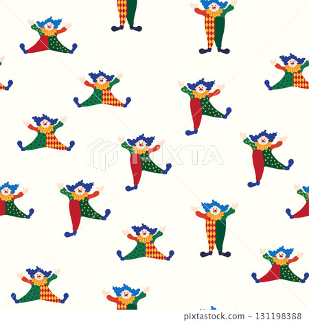 Seamless pattern with a CIRCUS theme. Circus clown character. Flat cartoon style. 131198388