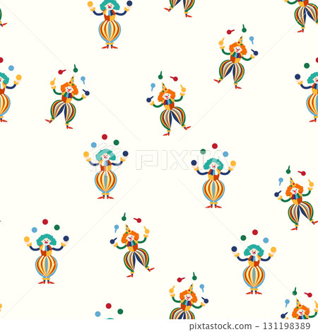 Seamless pattern with a CIRCUS theme. Circus clown character. Flat cartoon style. 131198389