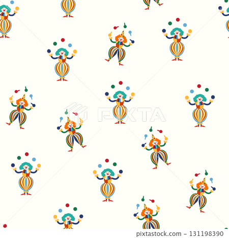 Seamless pattern with a CIRCUS theme. Circus clown character. Flat cartoon style. 131198390