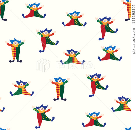 Seamless pattern with a CIRCUS theme. Circus clown character. Flat cartoon style. 131198395
