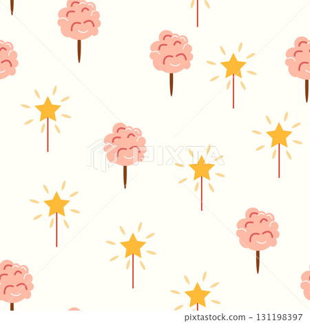 A seamless pattern with a CIRCUS theme. Festive balloons, cotton candy, balls, and magic. Flat cartoon style A seamless pattern with a CIRCUS theme. Festive balloons, cotton candy, balls, and magic. Flat cartoon style 131198397