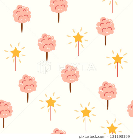 A seamless pattern with a CIRCUS theme. Festive balloons, cotton candy, balls, and magic. Flat cartoon style 131198399