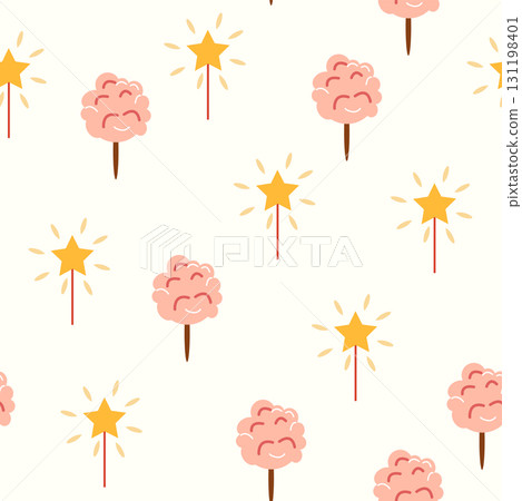 A seamless pattern with a CIRCUS theme. Festive balloons, cotton candy, balls, and magic. Flat cartoon style 131198401
