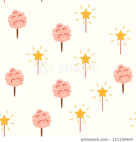 A seamless pattern with a CIRCUS theme. Festive balloons, cotton candy, balls, and magic. Flat cartoon style 131198404