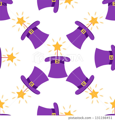 Seamless pattern with CIRCUS theme. Clowns, strongmen, lions, magic hat, hare in hat, holiday balloons tents. Circus characters. Cartoon flat style 131198451