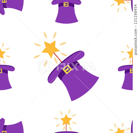 Seamless pattern with CIRCUS theme. Clowns, strongmen, lions, magic hat, hare in hat, holiday balloons tents. Circus characters. Cartoon flat style 131198454
