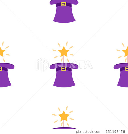 Seamless pattern with CIRCUS theme. Clowns, strongmen, lions, magic hat, hare in hat, holiday balloons tents. Circus characters. Cartoon flat style 131198456