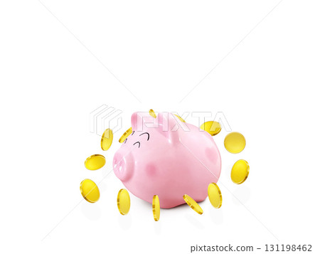 Piggy bank and gold coins floating on white background. Piggy bank and gold coins floating on white background. 131198462