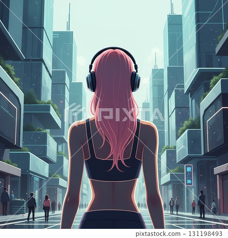 一位戴著耳機穿過明亮城市景觀的女士的剪影插圖 131198493