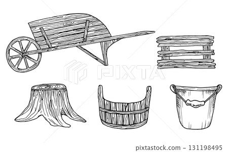 Wooden garden box, stump, bucket, and cart. Vector illustration of rural objects. Hand-drawn simple black graphics. Outline drawing of garden tools for agriculture, harvesting, gardening 131198495