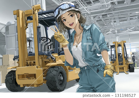 小型堆高機和女倉庫工作人員 小型堆高機和女倉庫工作人員 131198527