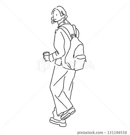 Casual fashion illustration of a man walking with a backpack and a coffee cup Casual fashion illustration of a man walking with a backpack and a coffee cup 131198538