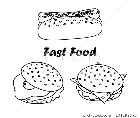Burger Hot Dog and Sandwich with Fried Egg Logo Sticker Icon Pictogram Fast Food Minimalistic Design 131198556