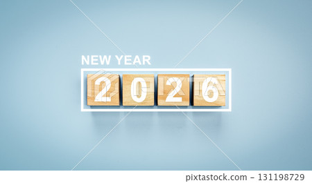 Happy new year 2026 concept. Wooden blocks with numbers in white frame on blue background for holiday celebration card Happy new year 2026 concept. Wooden blocks with numbers in white frame on blue background for holiday celebration card 131198729