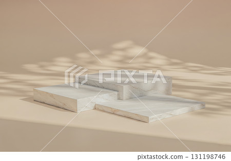 Natural product display background with marble podium and leaf shadows, empty beige stage for cosmetic, beauty or wellness brand presentation Natural product display background with marble podium and leaf shadows, empty beige stage for cosmetic, beauty or wellness brand presentation 131198746