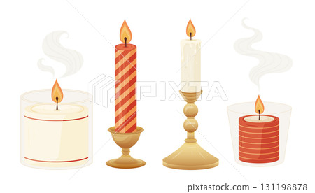 Set of decorative candles with smoke and flame, cozy concept 131198878