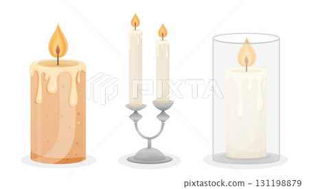 Set of burning candles with wax drips, decor Set of burning candles with wax drips, decor 131198879